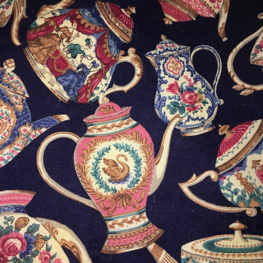 Fabric Kitchen Placemat of Vintage Teapots  Navy w Cream Lace Trim